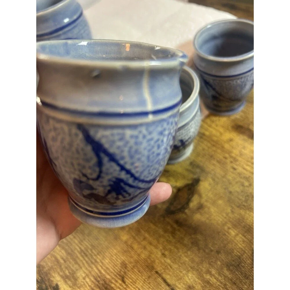Stoneware Cups Blue Salt Glaze Swirl Tumblers Barware No Markings Wine 3.5